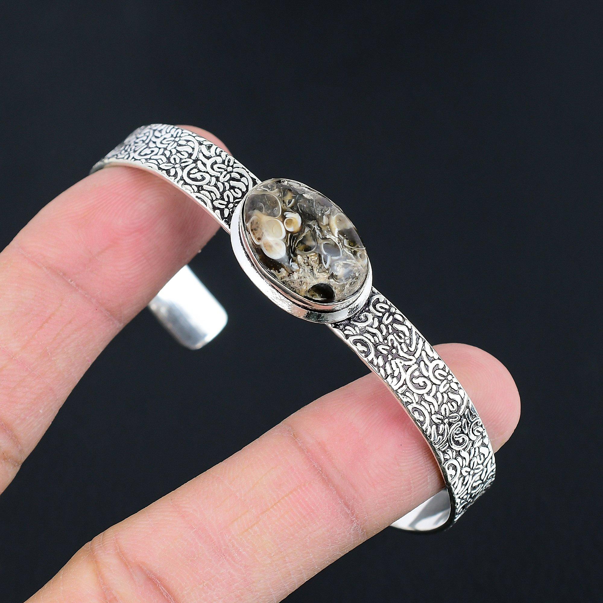 

Friendship Day Sale 925 Sterling Silver Natural Turritella Agate Bangle Bracelet Adjustable