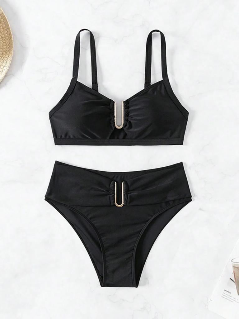 Solid Color High Waist Two Piece Swimsuit for Women U-neck Suspender Backless Bikini Set Beach Vacation Bathing Suit 2025 New