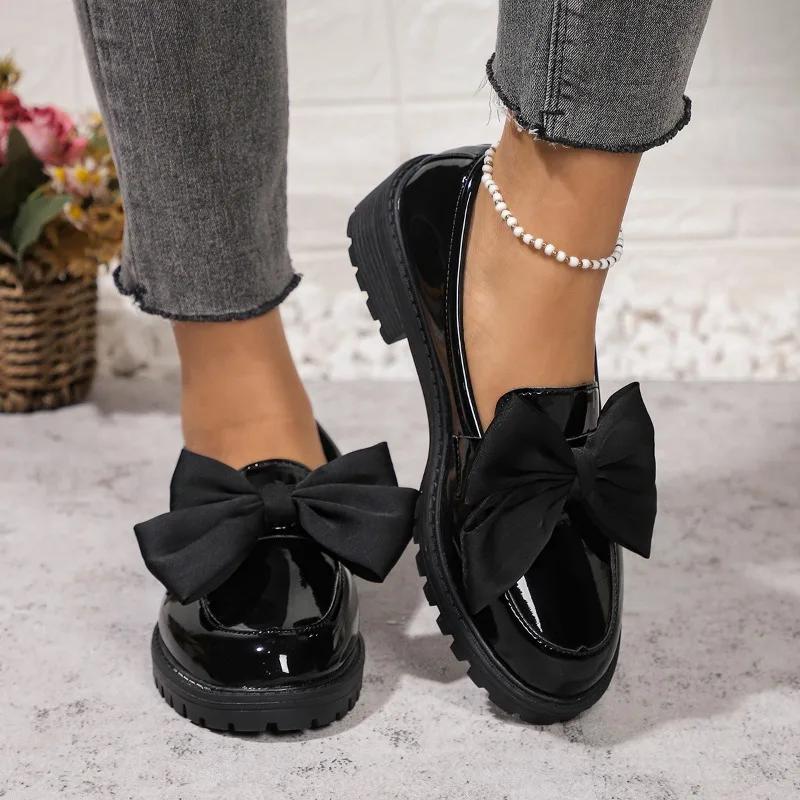 2025 Women's High Heels Classic Office Professional High Heels Women's Bow Round Toe Medium Heel Slip-On Loafers