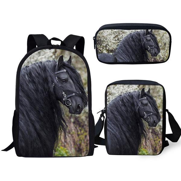 Trendy Handsome Black Horse 3D Print 3pcs/Set pupil School Bags Laptop Daypack Backpack Inclined shoulder bag Pencil Case