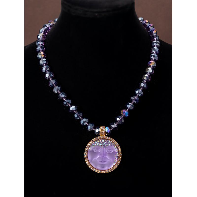 Vintage Purple Moen Smile Pendant With Charm Studded Rhinestone Fairy Tale Series Necklace