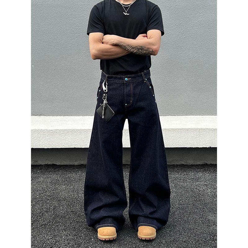 Blaexit Retro Turquoise High-End Denim Blue Jeans for Men and Women, Straight-Leg Loose Original Denim Color Wide-Leg Pants