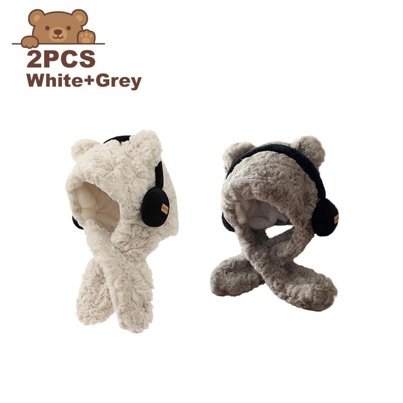 Bear with Headphone Hoodie Hat Scarf Set for Girls Winter Thickened Plush Earmuffs Warm Cap for Children Cute Outdoor Wear