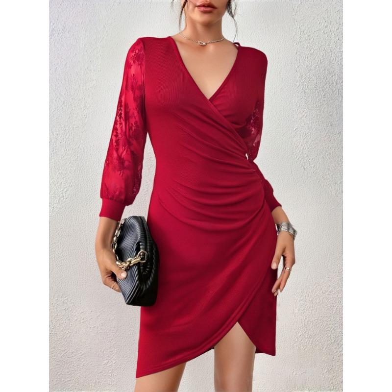 Women Sexy Slim Fit Lace Mesh Long Sleeve V Neck Bodycon Midi Dress