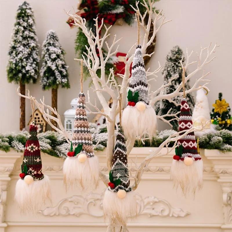 Christmas Decoration Holiday Knitted Hat with Light No Face Doll Pendant Atmosphere Decoration Glow Old Man Small Doll Pendant