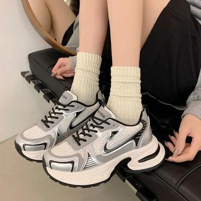 Fashion Casual Sneakers Women Shoes 2024 New Synthetic Leather Mixed Colors Thick Sole Lace-up Mesh Breathable Ladies Sports Shoes