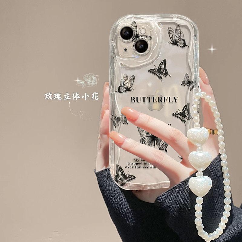 Clear Floral Print Cream Wavy Edge Phone Case for Iphone 15 Pro Max 11 12 13 14 15 16 Pro Max 16Pro with Cute Flower Chian Cover