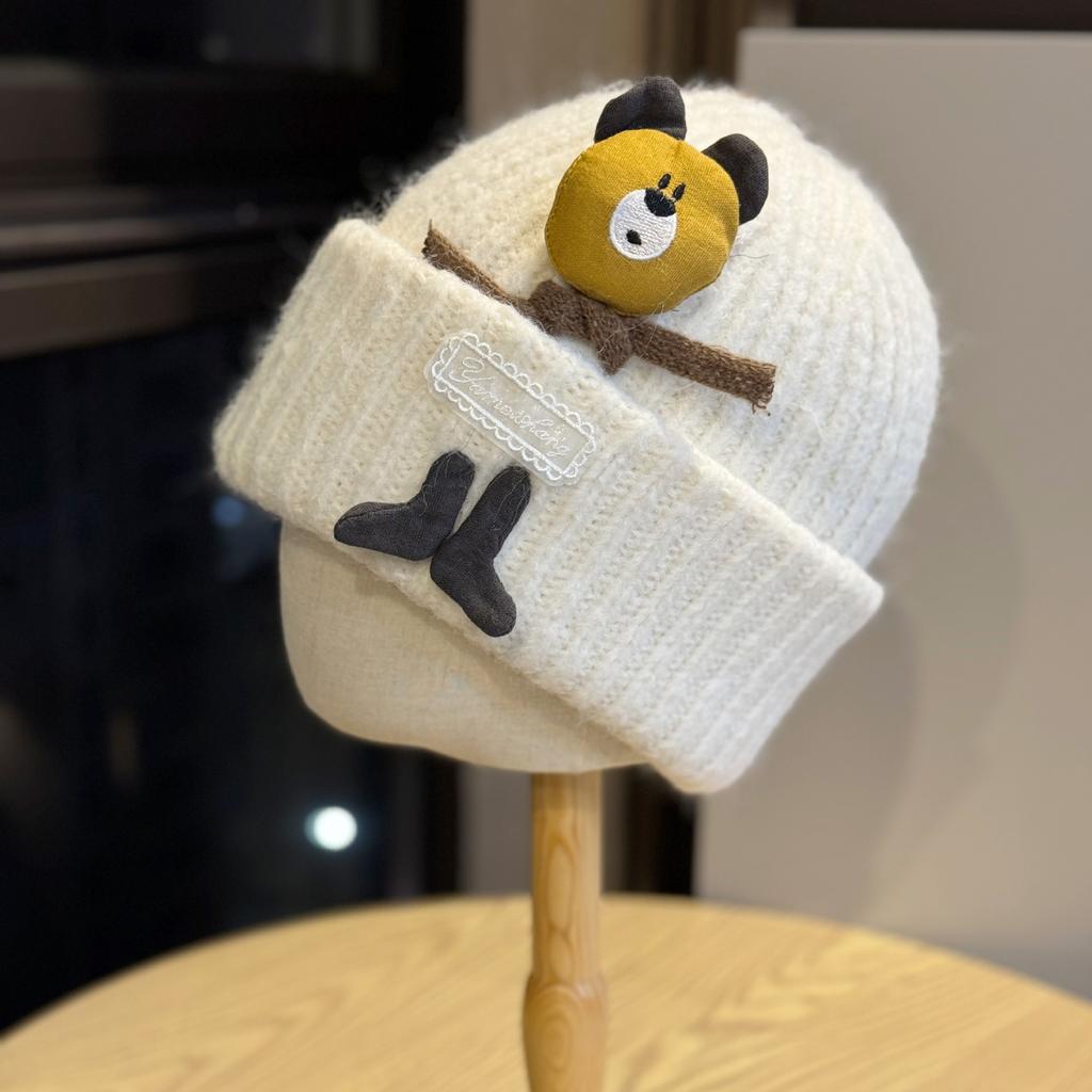 New Knitted Hat Female Cartoon Bear Winter Casual Warm Thickened Cute Ear Protection Hat Versatile Baotou Hat Trend