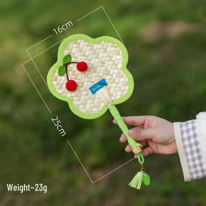 Cherry Handmade Mini Cattail Fan - Cute Cartoon Design, Portable Ancient Chinese Style for Summer