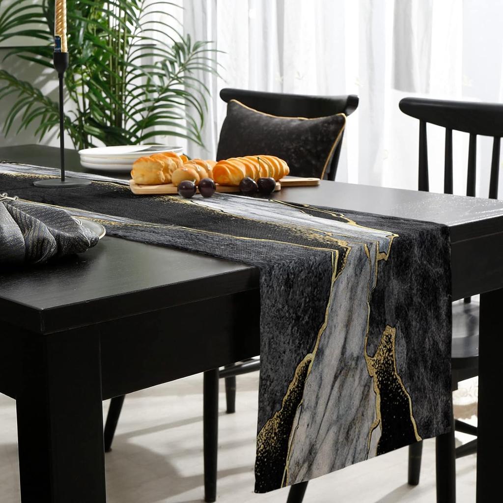 Abstract Marble Linen Table Runners Modern Black Grey Gold Table Runner Dresser Scarf Kitchen Home Party Dining Table Decoration