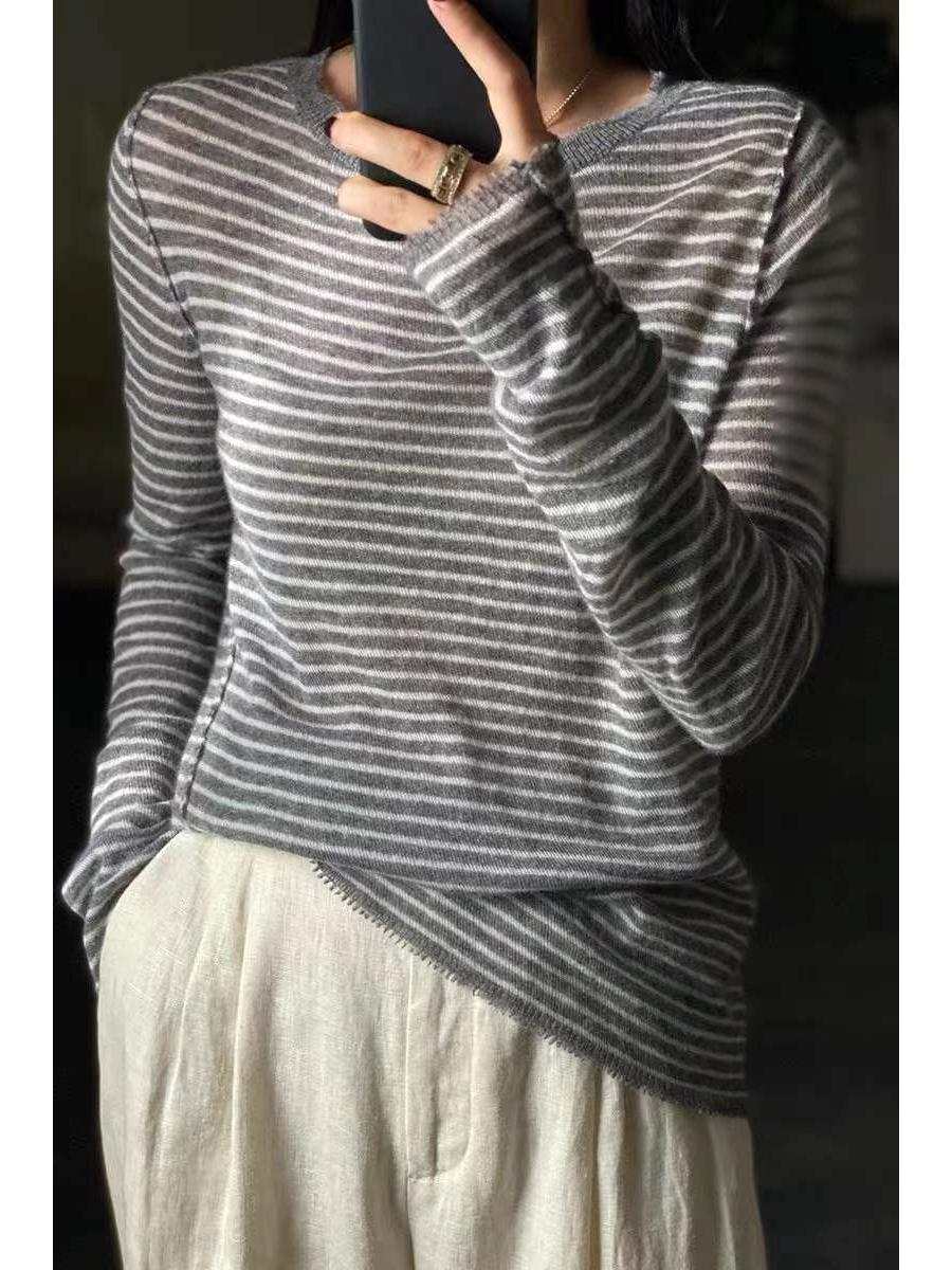 

Женский черно-белый полосатый свитер-базовый слой из мериносовой шерсти суперфайн - Весенний стиль, Легкий, Нишевый дизайн Small