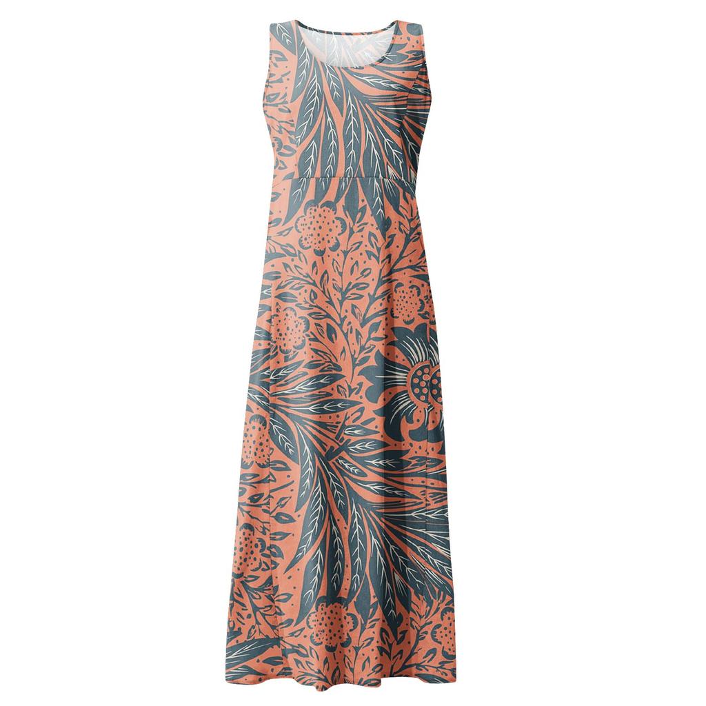 Women's Summer Casual Fashion Retro Printed Sleeveless Round Neck Pocket Dress