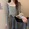 Knitted sweater women's new autumn exposed collarbone striped chic gentle long-sleeved sweater with bottoming shirt top
