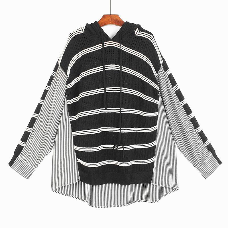 

Hooded Cut Out Knitting Personality Stitching Shirt Women s New Autumn Fashion Plus Size Loose Slimming Stripes Sweater Top Black One size
