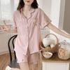 Summer Thin Ice Silk Embroidered Pajamas Set Small Lapel Loose Short-Sleeved Shorts Women'S Loungewear Two-Piece Set