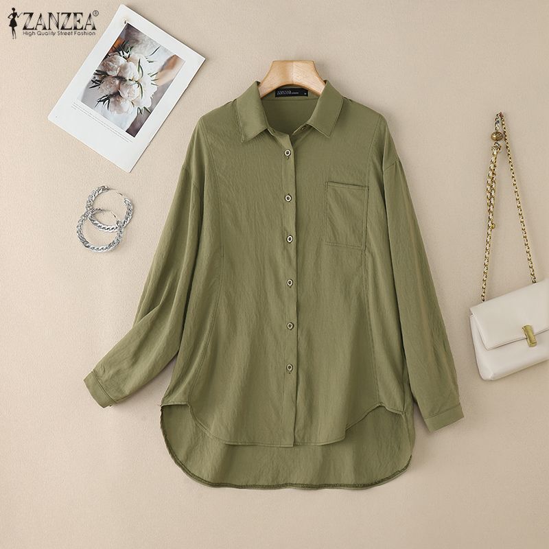 ZANZEA Women Turn Down Collar Loose Casual Long Sleeve Blouse