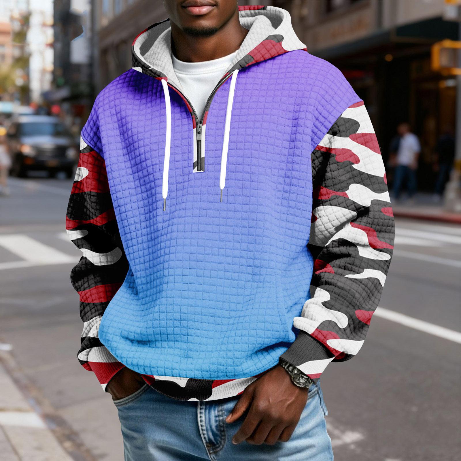 

Чоловічий картатий пуловер з капюшоном на блискавці, з принтом на шнурку, повсякденна спортивна толстовка L фіолетовий