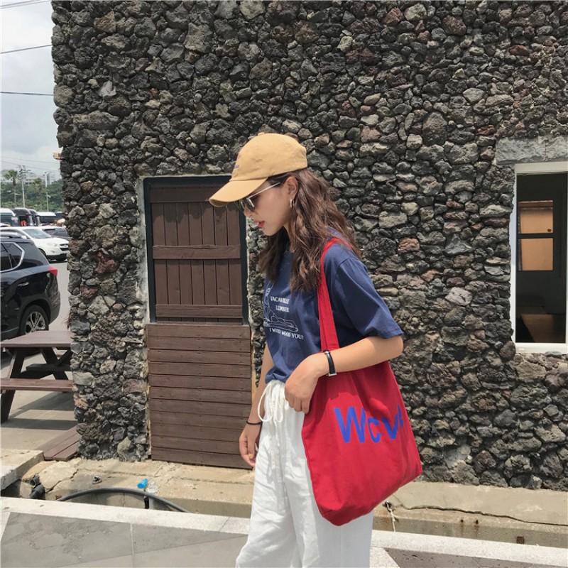 Korean Version Ins Same Model Red Canvas Bag Casual Letter Printed Shoulder Large Capacity Student Schoolbag