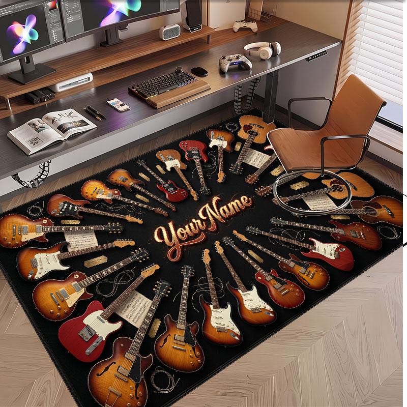 Music Guitar Theme Soft Crystal Velvet Rug Custom Name & Text Print Non Slip Floor Rug for Bedroom Living Room