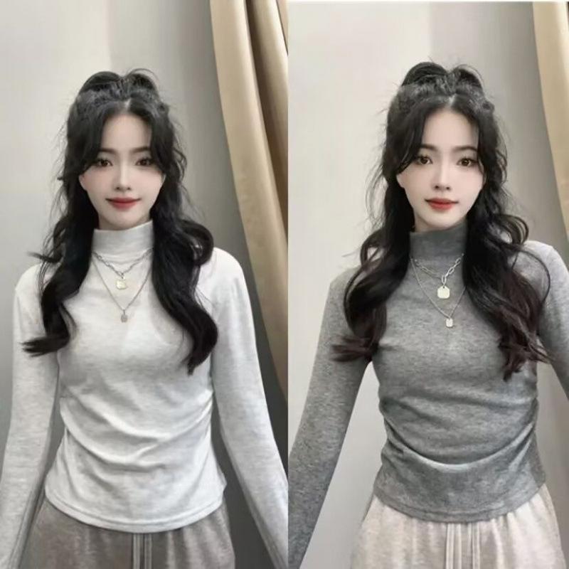 Autumn and Winter Thickened Velvet Half Turtleneck Versatile Bottoming Shirt with Slim Fit Short Warm T-shirt Tight Top