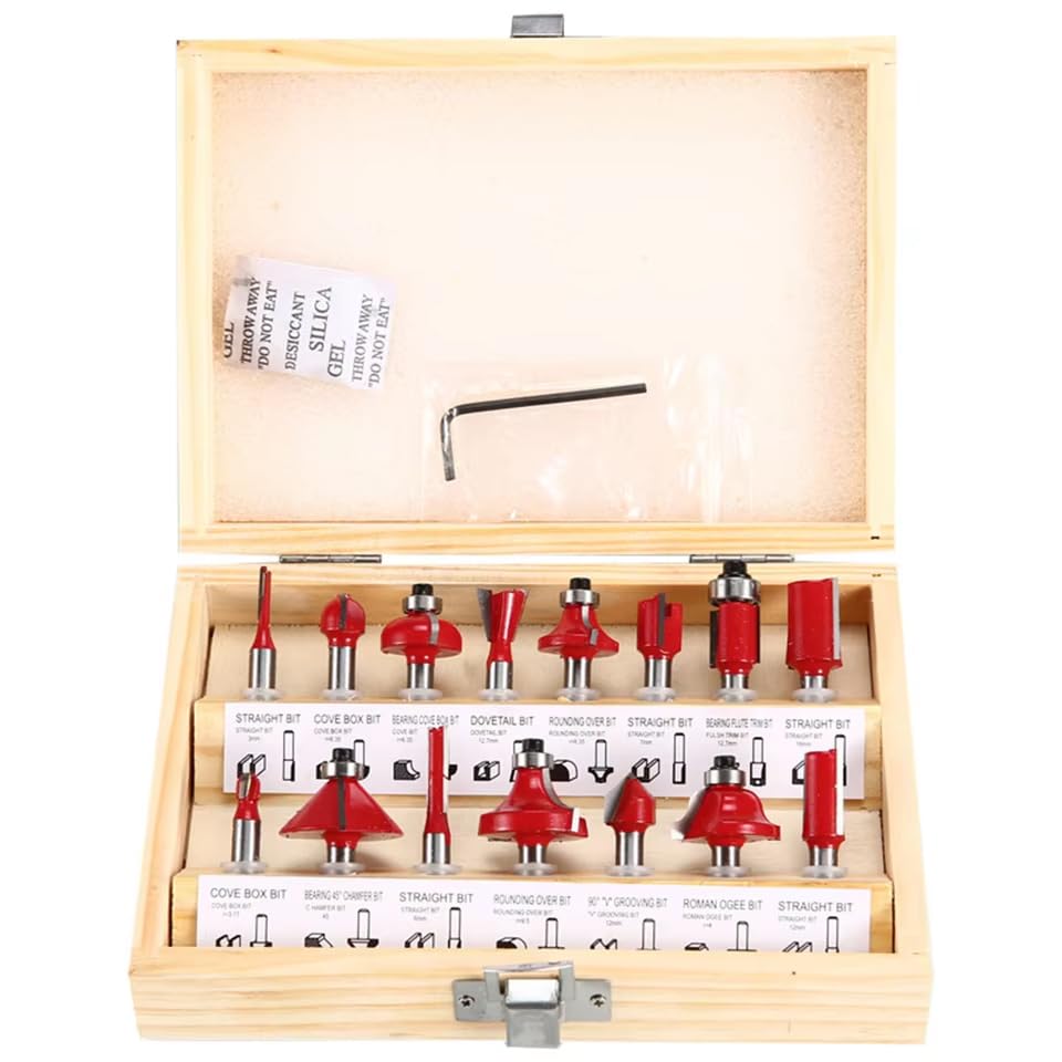 zmart Tungsten Carbide Router Bit Set of 15, 6.35mm Shank, Wood Case, Milling Cutter, Carbide