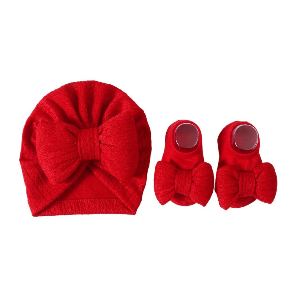 Cotton Knit Baby Hat Socks Set 0-12 Months Newborn Turban Hat Baby Bow Fetal Cap Home/Outdoor