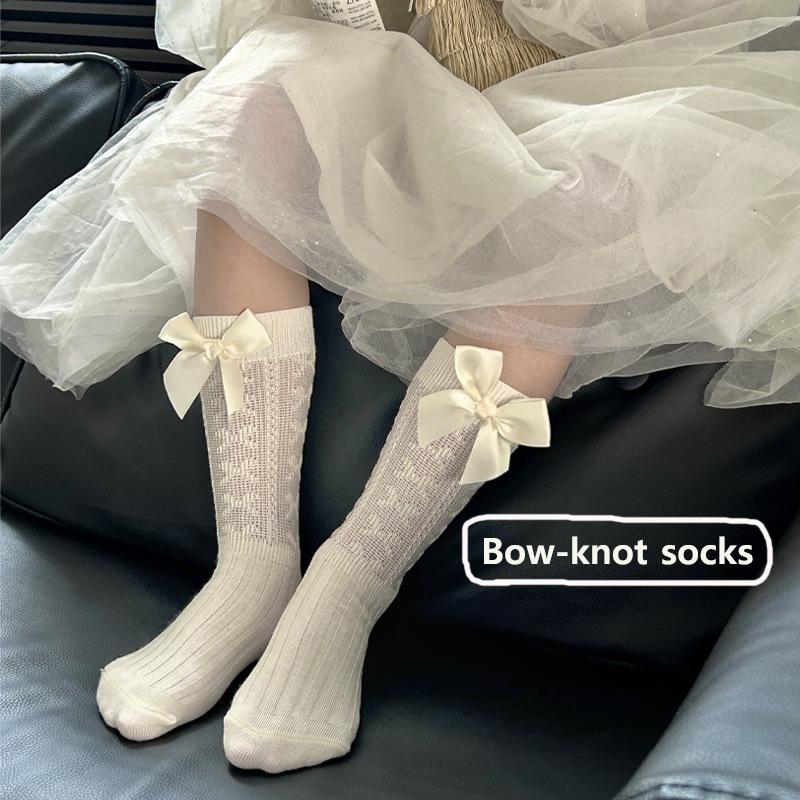 Letní nový styl dětské ponožky dětské kartáčované hedvábné síťované podkolenky bílá mašlička princeznovský styl taneční ponožky