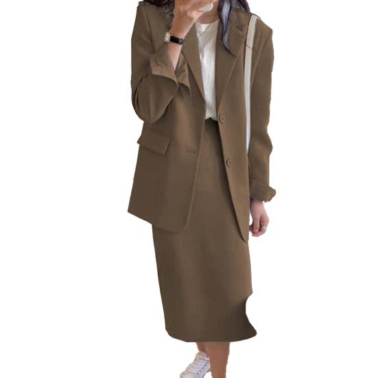 2Pcs/Set Women Suit Set Lapel Long Sleeve Flap Pockets Suit Coat High Waist Midi Skirt Set Solid Color Office Lady Suit Workwear