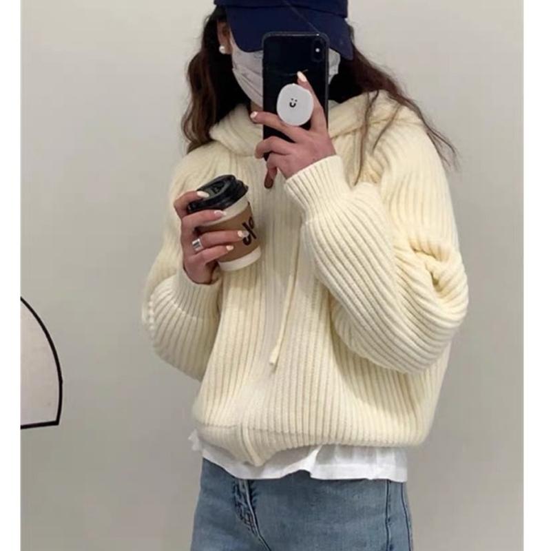 Autumn Winter Women Hooded Zipper Knitted Sweater New Loose Long Sleeved Cardigan Jackets Short Coats Sweet Casual Elegant Solid Color Clothing