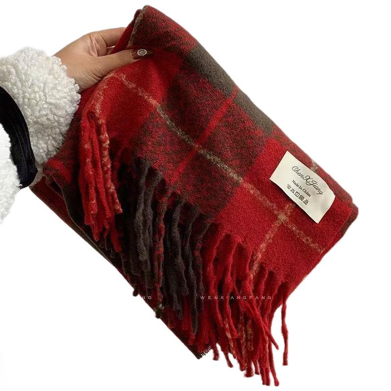 Festive Plaid Red Scarf: Thick, Warm Winter Shawl for Women – Versatile Cold-Proof Neck Warmer for Travel & Outdoors