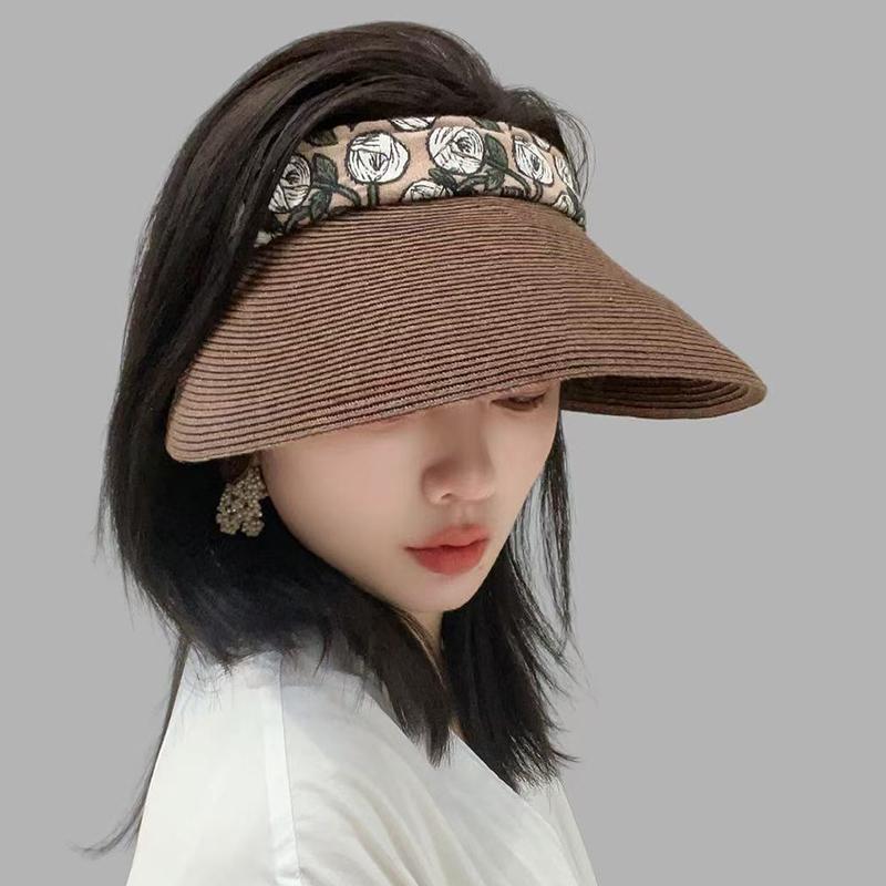 Spring and Summer Empty Top Sun Hat Women's Big Eaves Breathable Sun Protection Straw Hat Straw Woven Literary Headband Sun Hat Outdoor Beach Hat