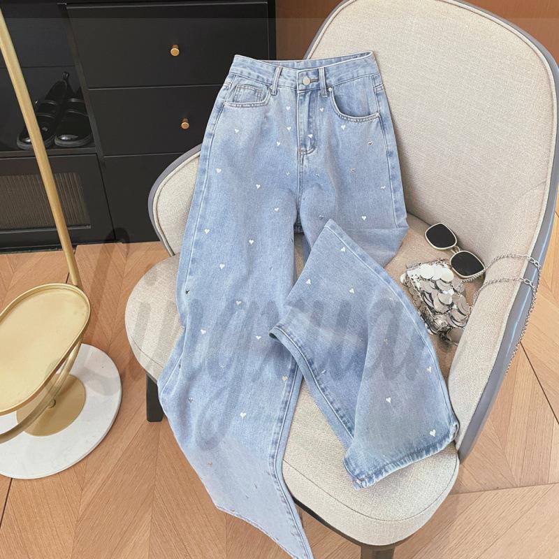 Korean Style Light Blue High Waist Wide Leg Denim Pants for Women XL