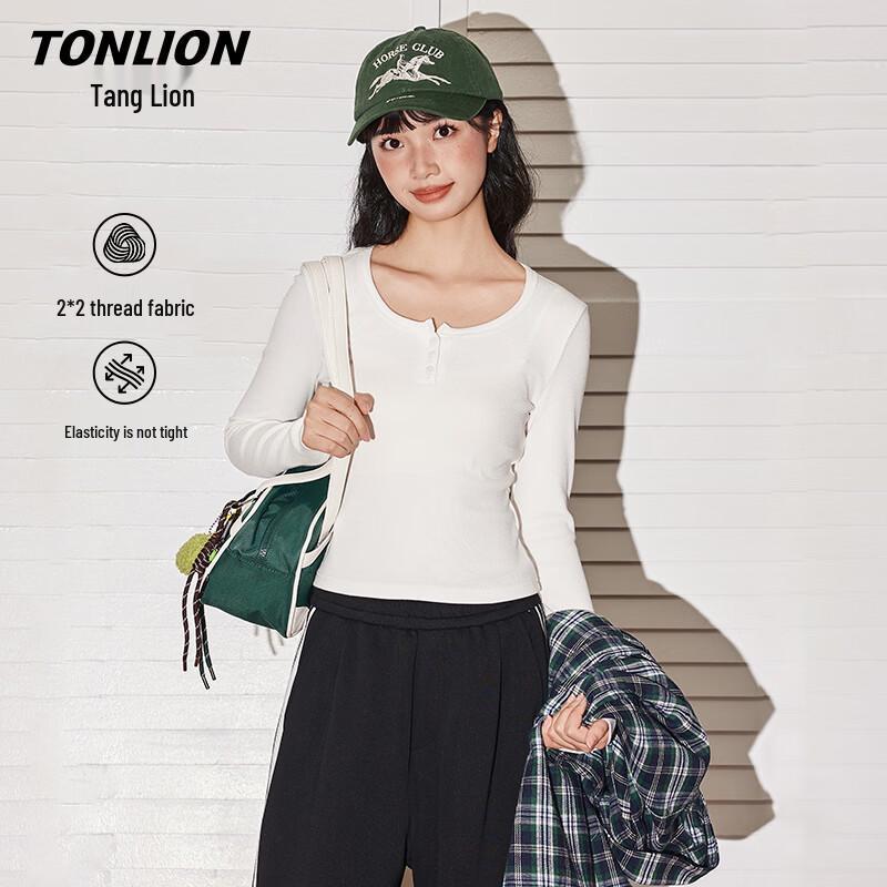 TonLion Women s U-Neck Slim Fit Cropped Long Sleeve T-Shirt S