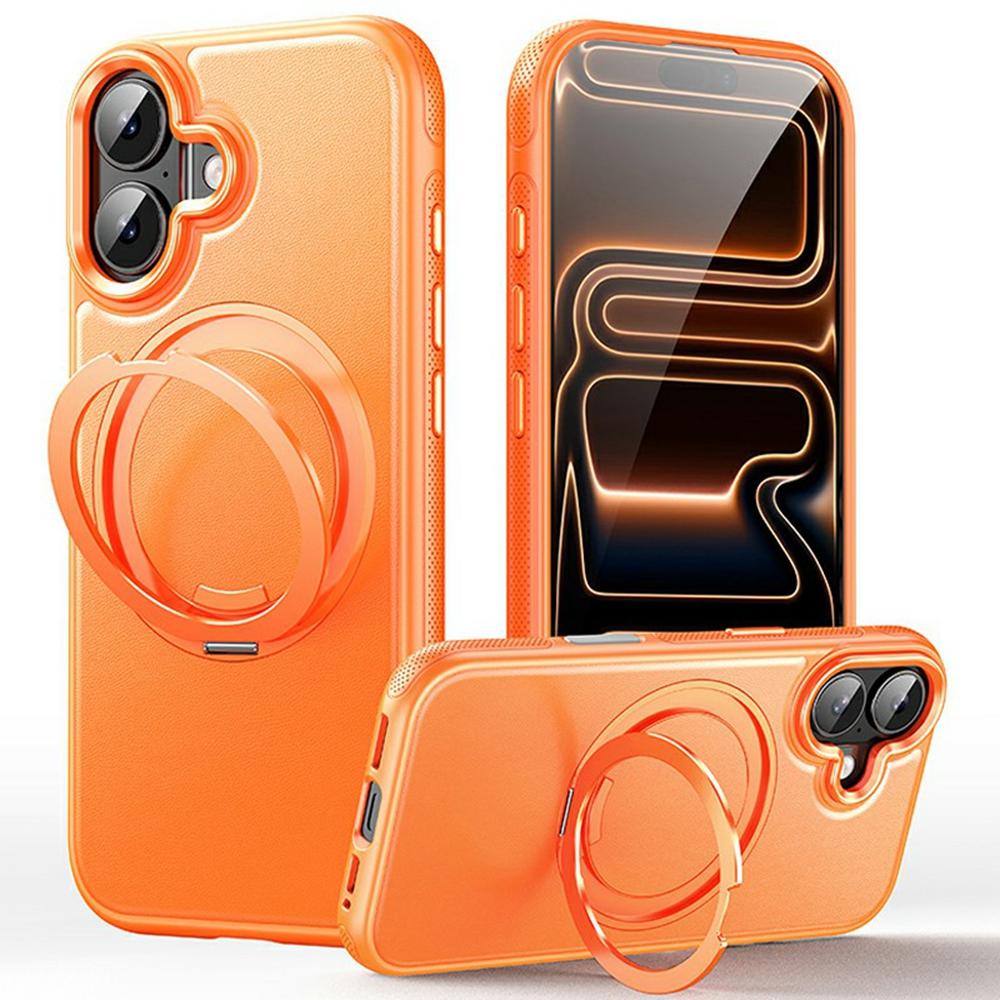 For iPhone 16 Case Compatible with MagSafe Rotating Kickstand Litchi Texture PC TPU Phone Cover