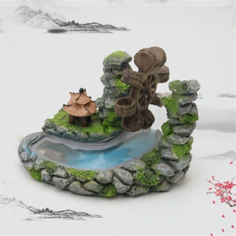 Resin Rockery Waterwheel for Fishtanks Aquariums Landscape Decoration with Pavilions Fish Shrimp Shelter Cave Decoration