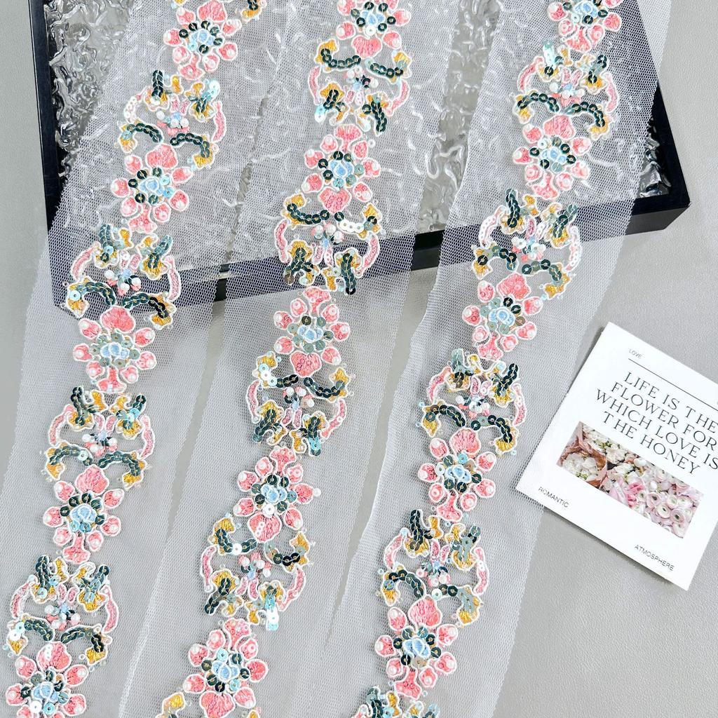 Pink Embroidery Mesh Hollow Beads Barcode Clothing Lolita Skirt Bag Decorative Sequins Lace Accessories