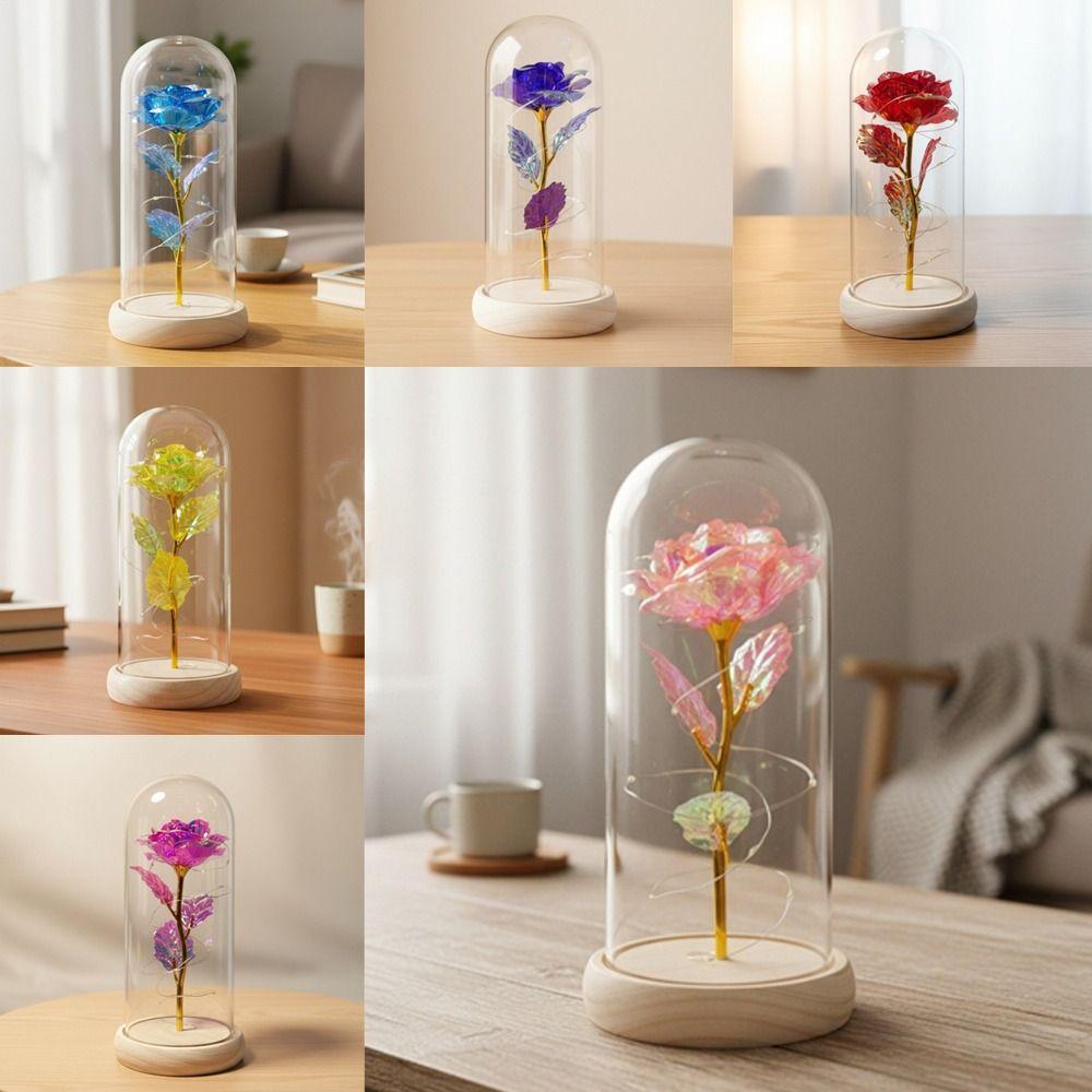 High Quality Wooden Eternal Rose Flower with Transparent Lampshade Exquisite Artificial Flower Simulation Roses Bridesmaid Gifts