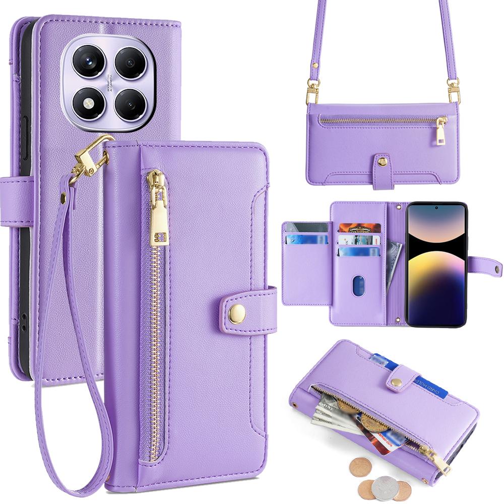 For Xiaomi Redmi Note 14 Pro 4G Case Zipper Pocket Wallet Leather Phone Cover with 2 Straps