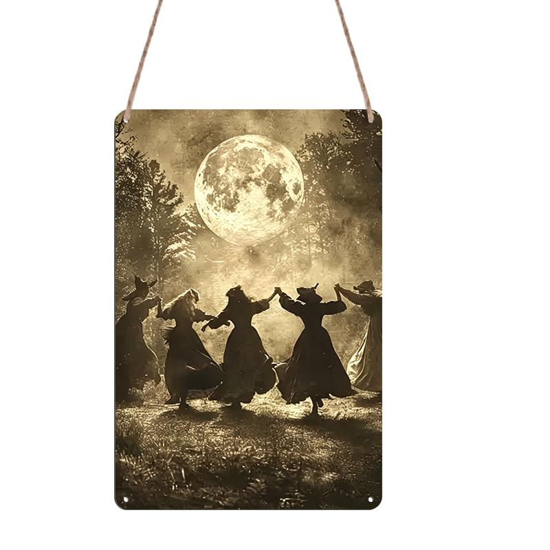 2D Flat, 1pc Vintage Witches Dancing Under Full Moon Aluminum Sign - Gothic Halloween Decor, 8*12 Inches, Suitable for Living Room Wall, Garden