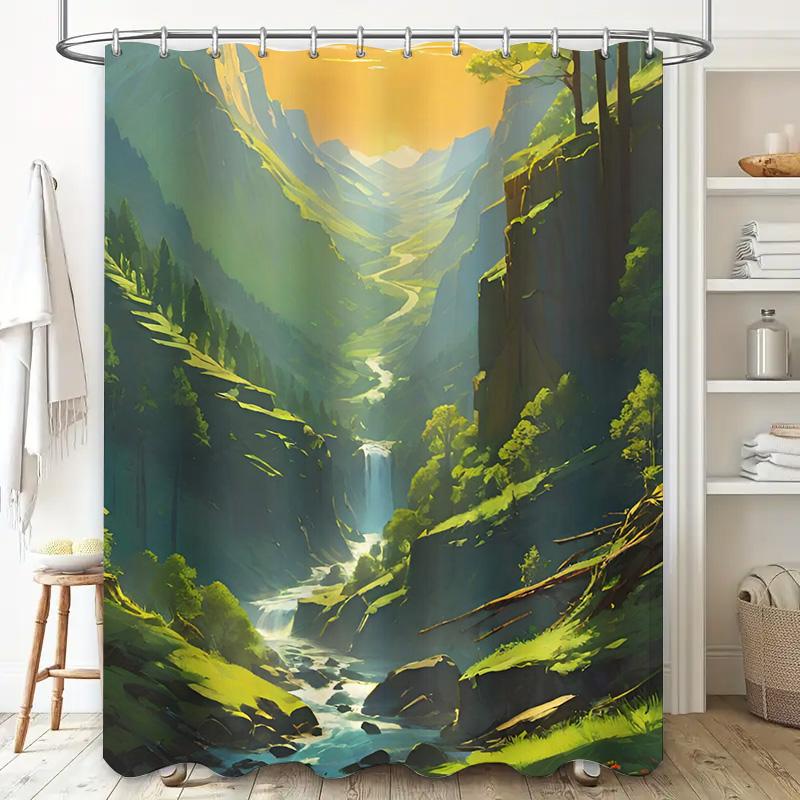 Vivid Green Forest Shower Curtain Nature River Landscape Design For Bathroom Decorations Waterproof Fabric Material 180 X 240Cm