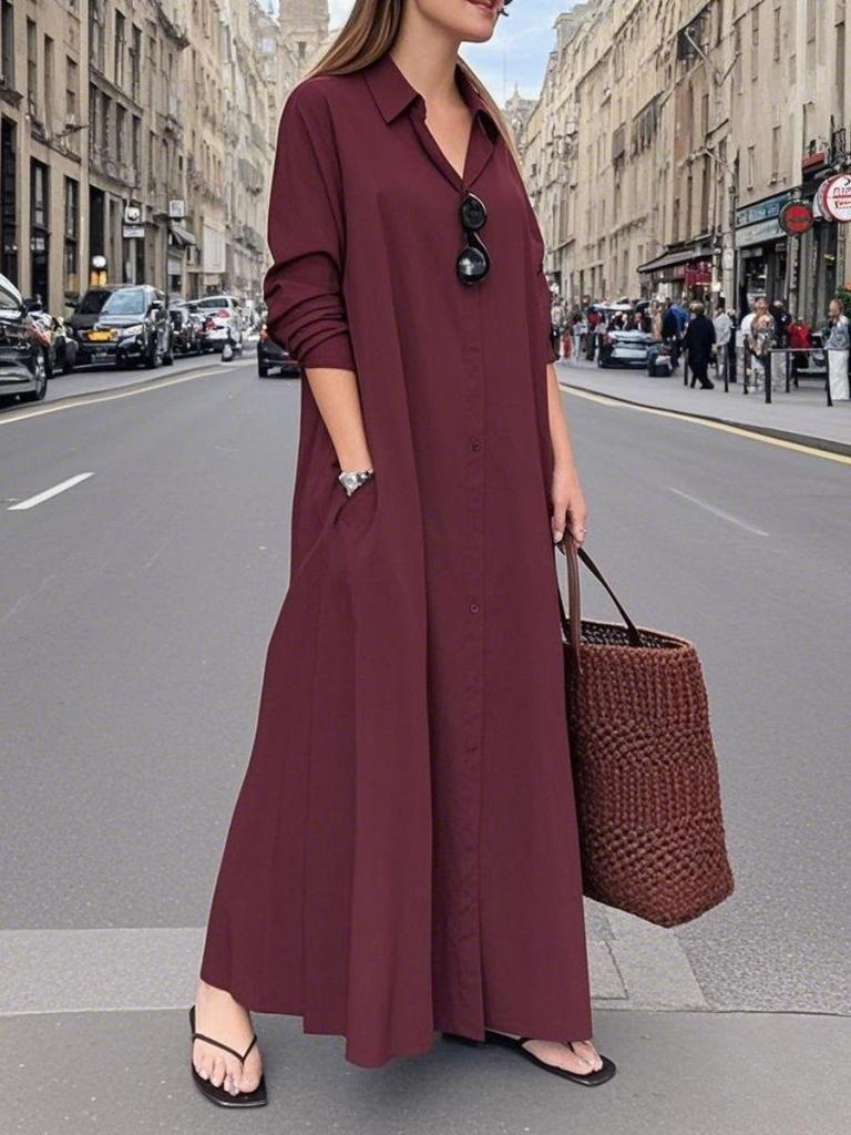 Women's Lapel Long Sleeve Plug Pocket Loose Casual Long Shirt Dresses
