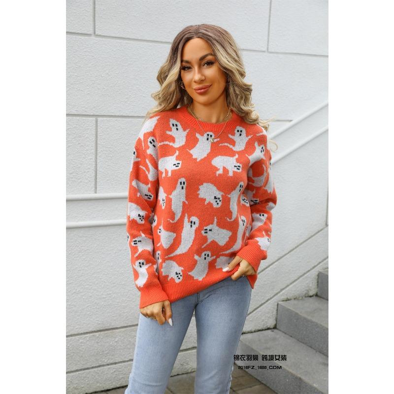 Women Pullover Halloween Sweaters Ghost Print Jumpers Long Sleeves O Neck Loose Slight Strech Casual Office Lady 2025 Autumn