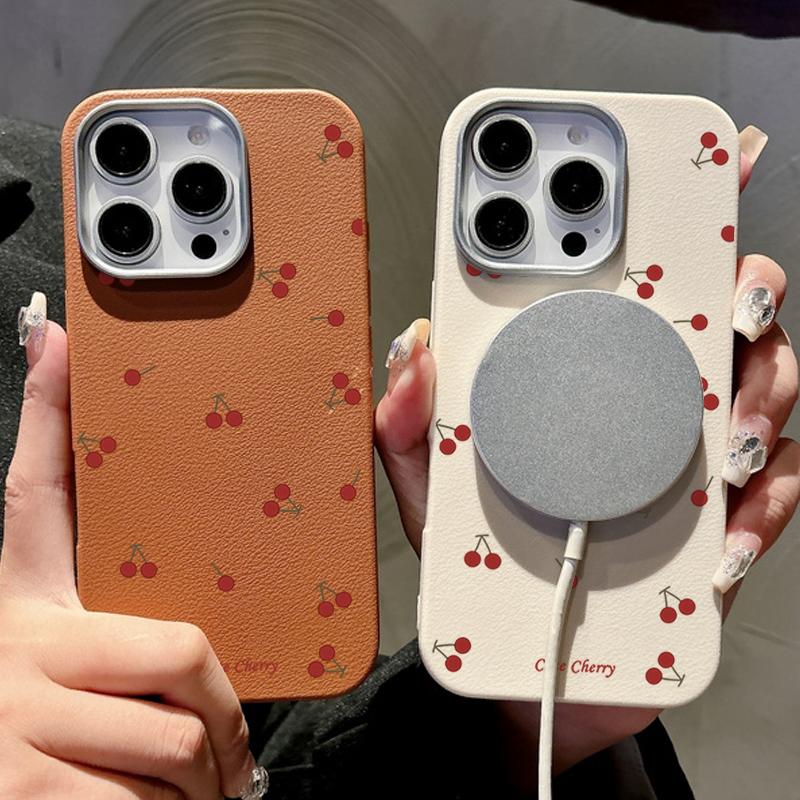 Little Cherry Print Slim for Magsafe Case For iPhone 16 Pro Max 15 14 Pro 13 12 11 TPU Matte Leather Texture Shockproof Soft Magnetic Phone Cover