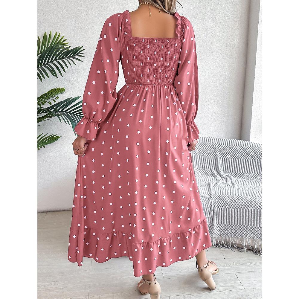 Rochie de damă cu mânecă lungă, casual, cu cercei din lemn, cu gât pătrat, cu buline, cloș, rochie lungă