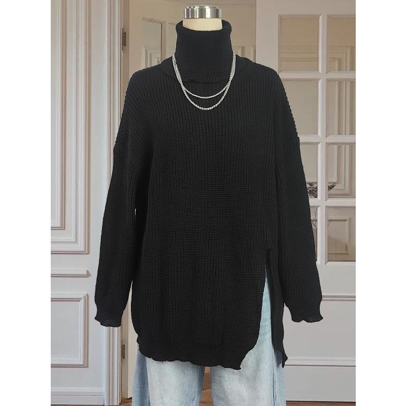 

Топ средней длины с разрезом, пуловер оверсайз свободного кроя с высоким воротом-лацканом для женщин L чёрный