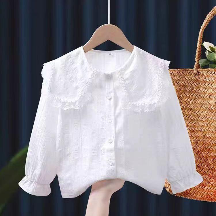 Autumn White Girls' Peter Pan Collar Long Sleeve Shirt - Fashionable Top for Big Kids and Students