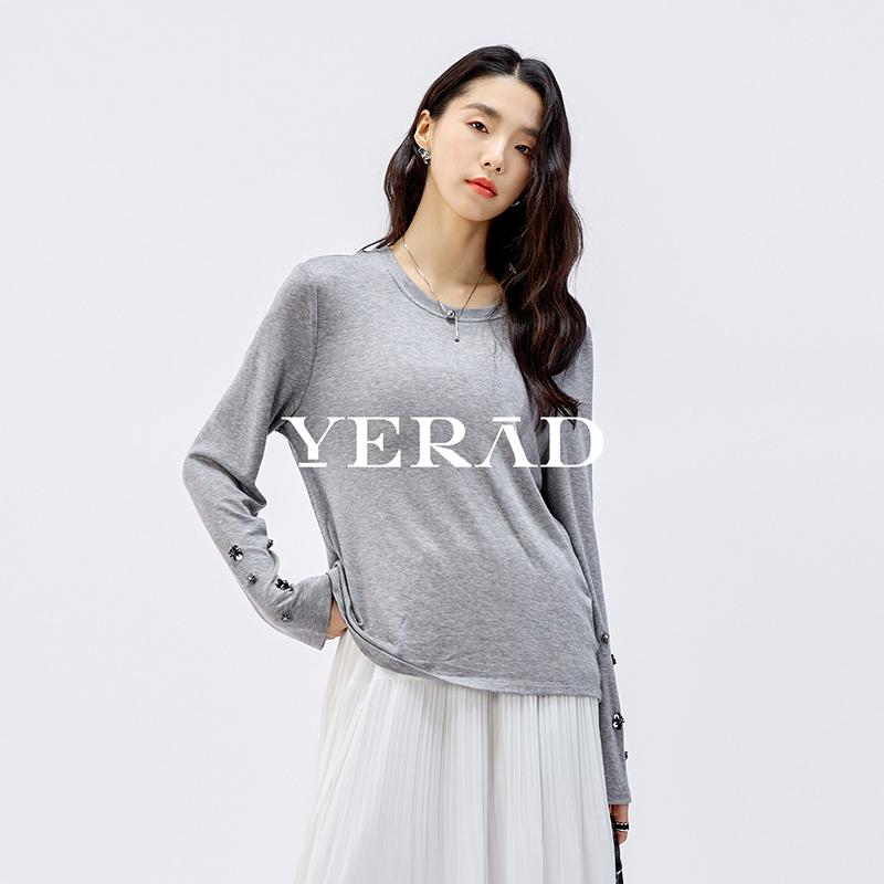 Relaxing handmade beaded flower Lyocell wool T-shirt for women with long sleeves as a base