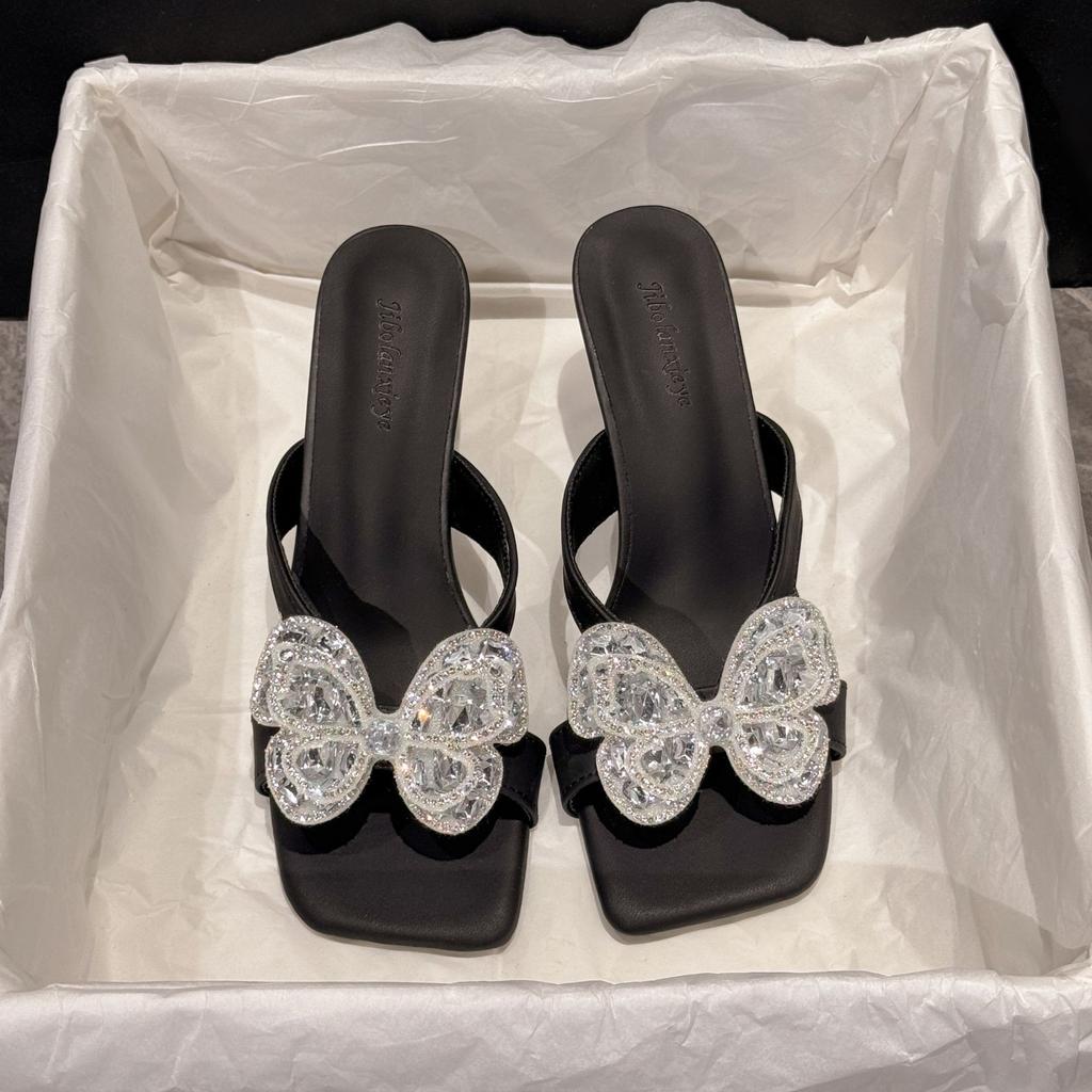 Summer New Butterfly Rhinestone Temperament Versatile Square Head Thick Heel Low Heel One-word Drag