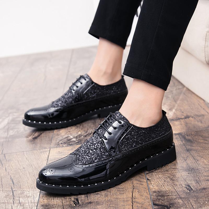 

2025 spring and autumn glossy men s shoes business men s fashion leather shoes sequined brock leather shoes 43 чорний