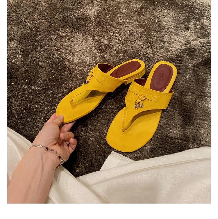 Sheepskin~ navy blue Korean version of flip-flops women's summer wear flat-bottomed leather beach fringed toe cool slippers